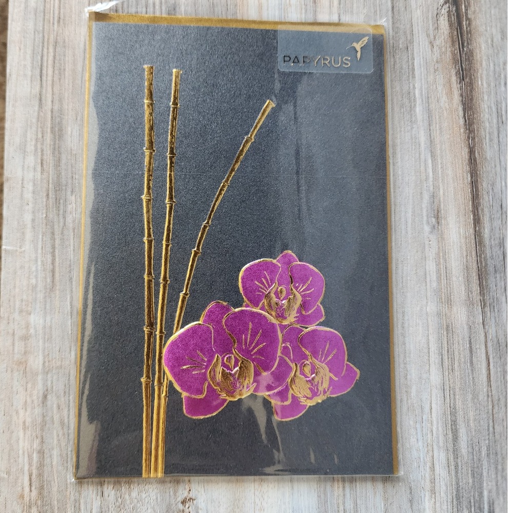 Papyrus Blank Greeting Card Purple Orchid Gold Foil Bamboo Grey Stationery